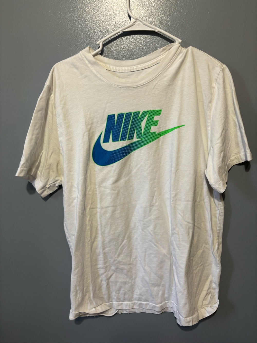 Nike White Short Sleeve Tee with Blue and Green Logo